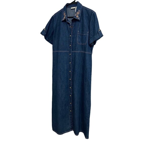 Vintage White Stag Denim Button-Down Dress Floral Embroidered Collar Size Large - Picture 3 of 9